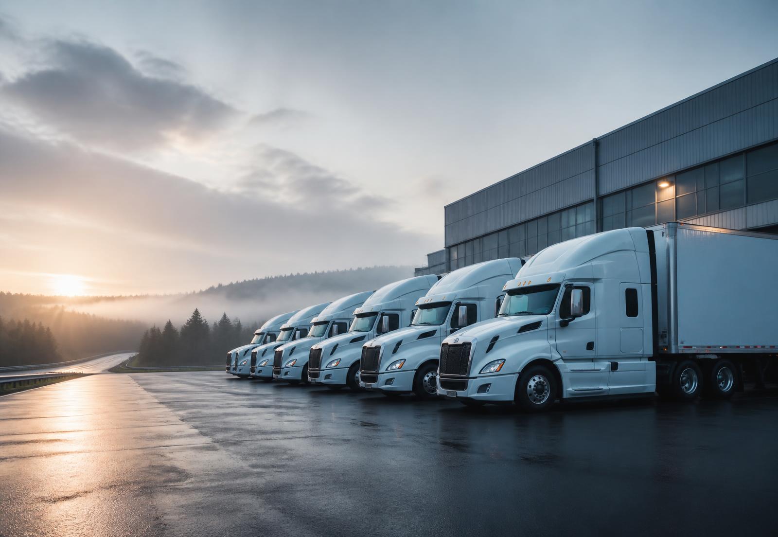Modern transport fleet parked at a distribution facility at dawn